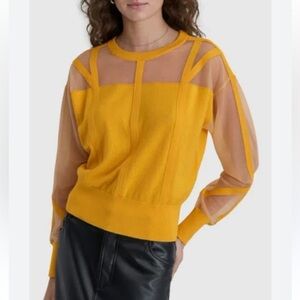 DKNY Corset Seam Sheer Inset Knit Sweater Blouse | Goldenrod Yellow | XS